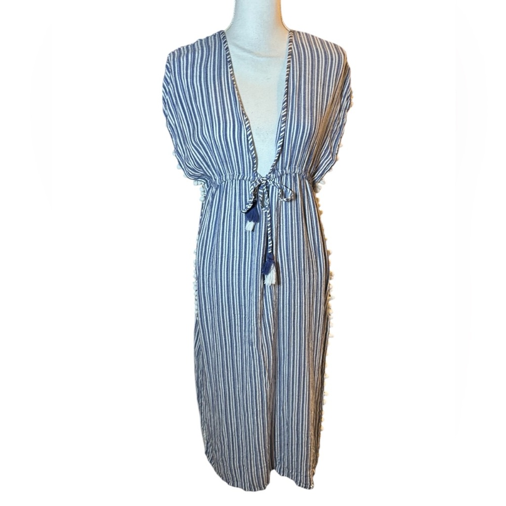 Blue Island Blue Striped Maxi Beach Cover Up with Pom Poms 🆕